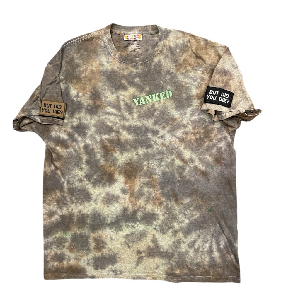 STONES XL brown/grey/green tie dyed shortsleeved rip off badges graphic tshirt
